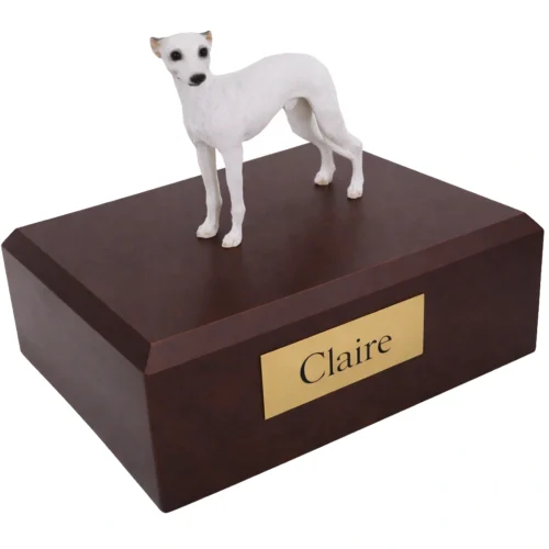 Memorial cremation urn with standing white Whippet dog figurine, walnut finish