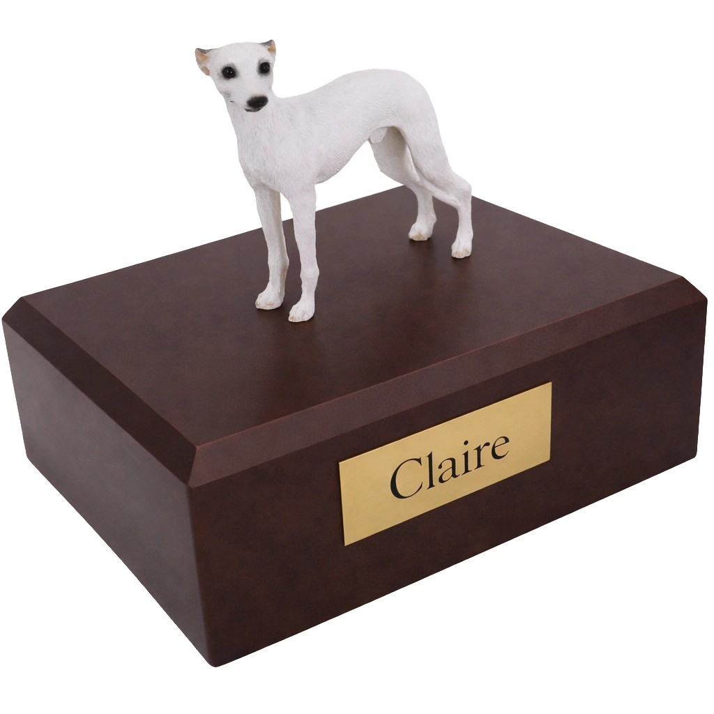 Memorial cremation urn with standing white Whippet dog figurine, walnut finish