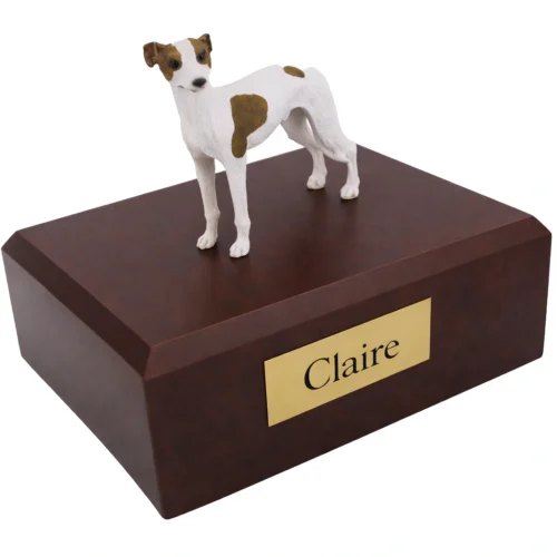 Memorial cremation urn with standing white brown spots Whippet dog figurine, walnut finish