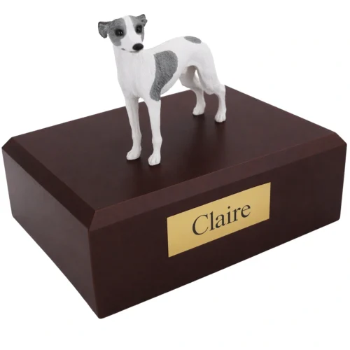 Memorial cremation urn with standing white gray spots Whippet dog figurine, walnut finish