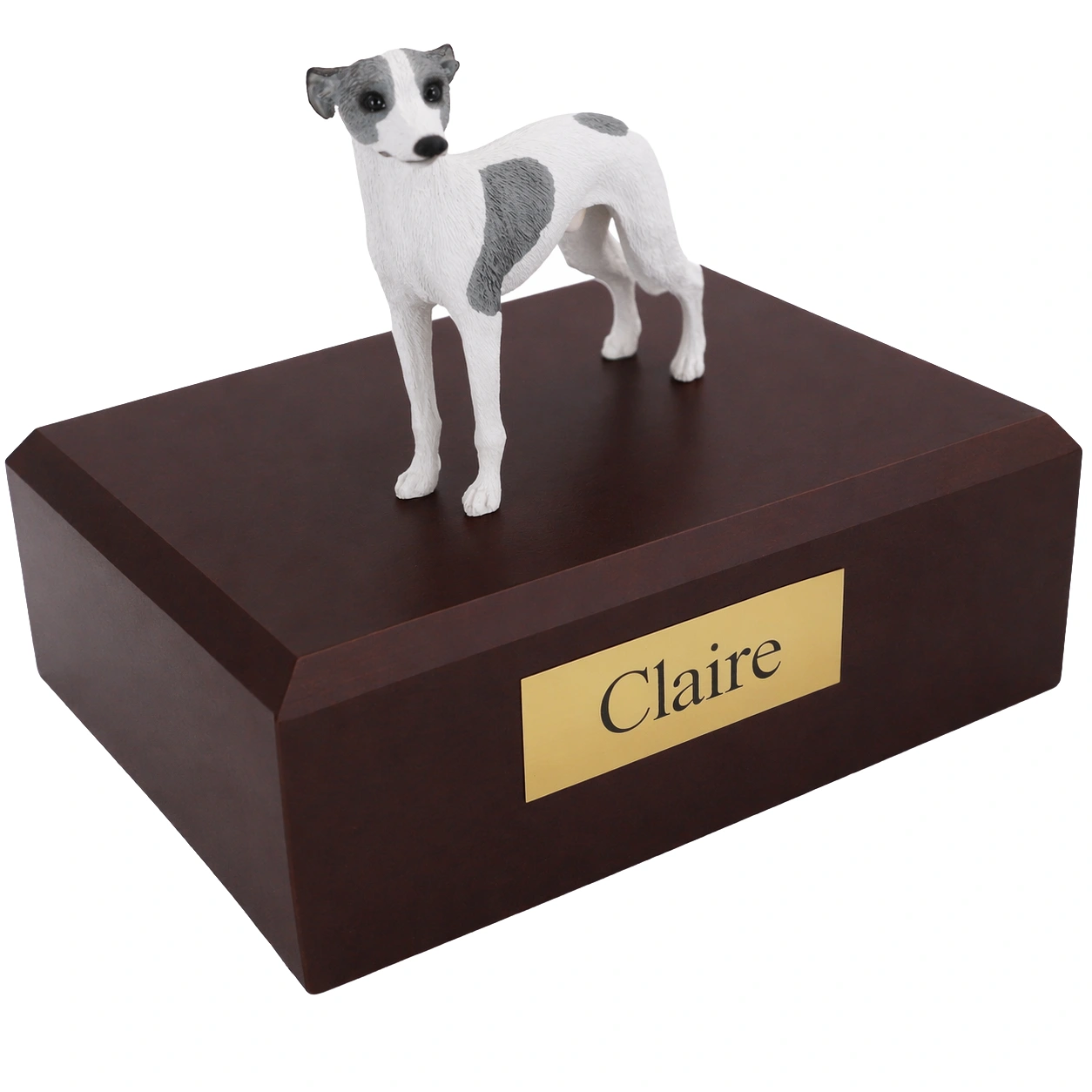 Memorial cremation urn with standing white gray spots Whippet dog figurine, walnut finish