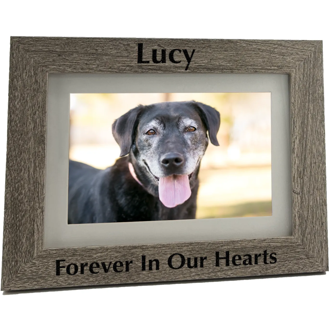 Engraved pet memorial photo frame in gray woodgrain finish. Holds 4x6 or 5x7 photo, engraved block with black fill, horizontal orientation