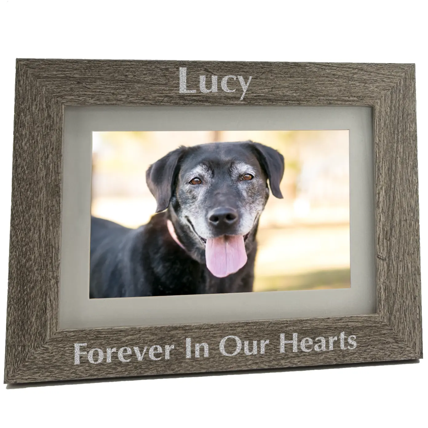 Engraved pet memorial photo frame in gray woodgrain finish. Holds 4x6 or 5x7 photo, engraved block with silver fill, horizontal orientation