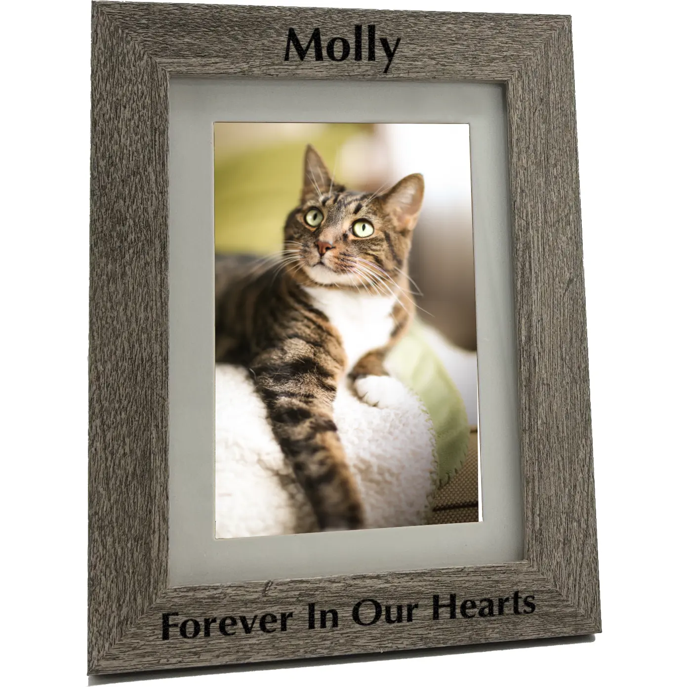 Engraved pet memorial photo frame in gray woodgrain finish. Holds 4x6 or 5x7 photo, engraved block with black fill,
