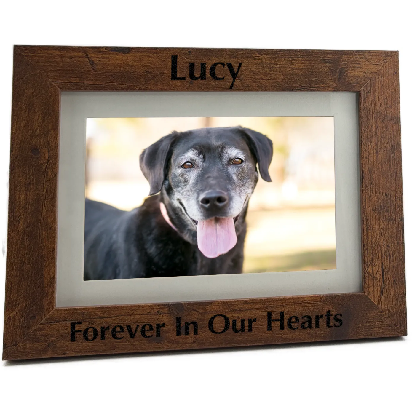 Engraved pet memorial photo frame in rustic oak finish. Holds 4x6 or 5x7 photo, engraved block with black fill, horizontal orientation