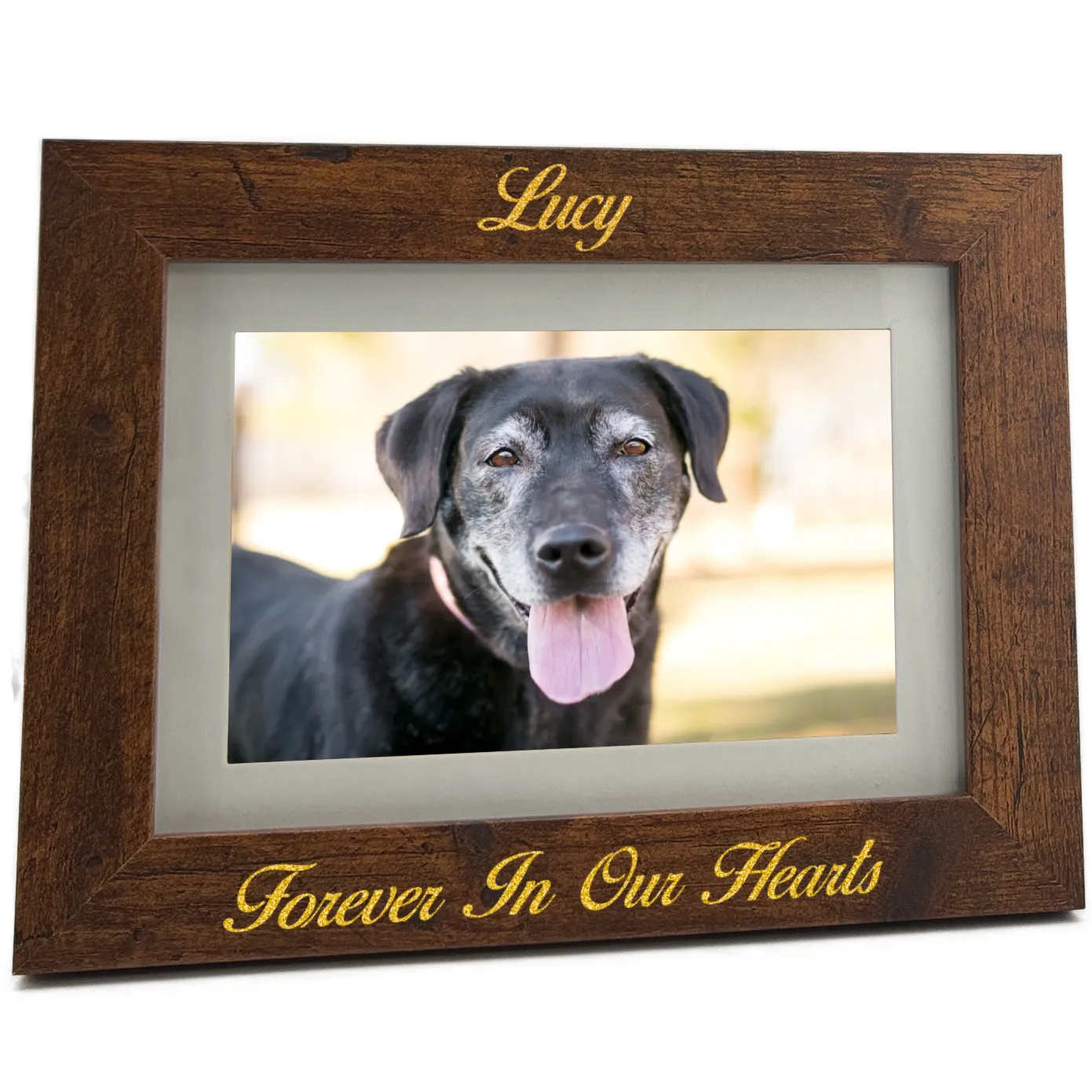 Engraved pet memorial photo frame in rustic oak finish. Holds 4x6 or 5x7 photo, engraved script with gold fill, horizontal orientation