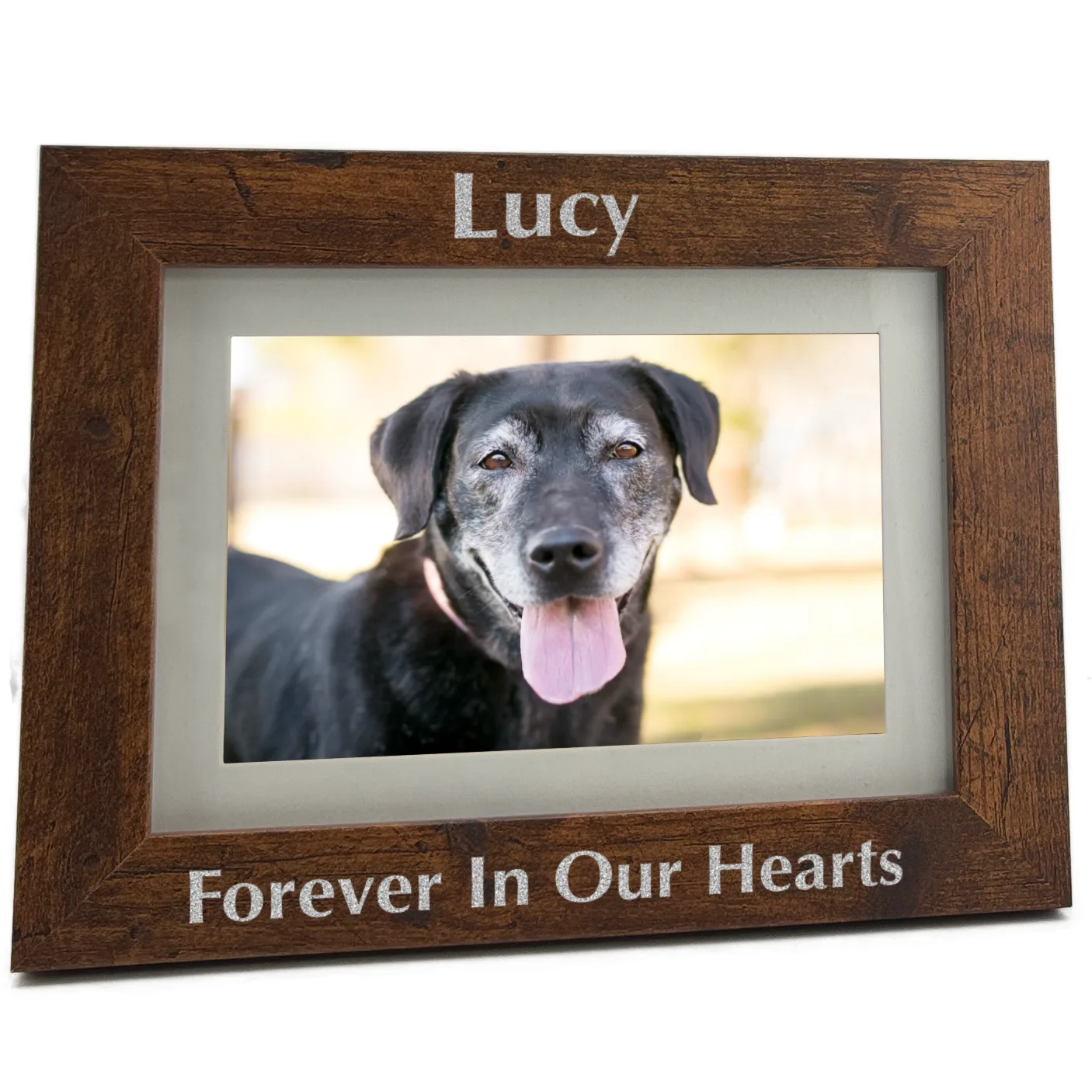 Engraved pet memorial photo frame in rustic oak finish. Holds 4x6 or 5x7 photo, engraved block with silver fill, horizontal orientation