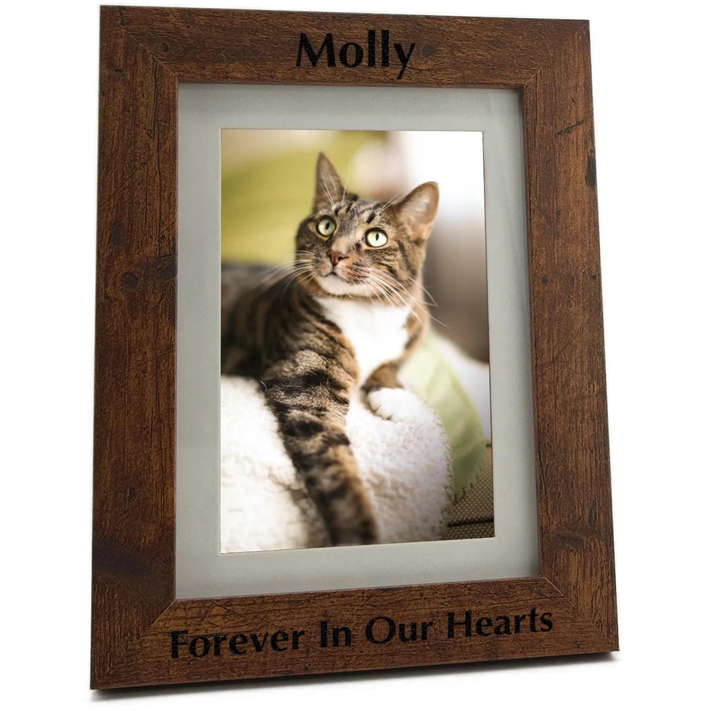 Engraved pet memorial photo frame in rustic oak finish. Holds 4x6 or 5x7 photo, engraved, block with black fill, vertical orientation
