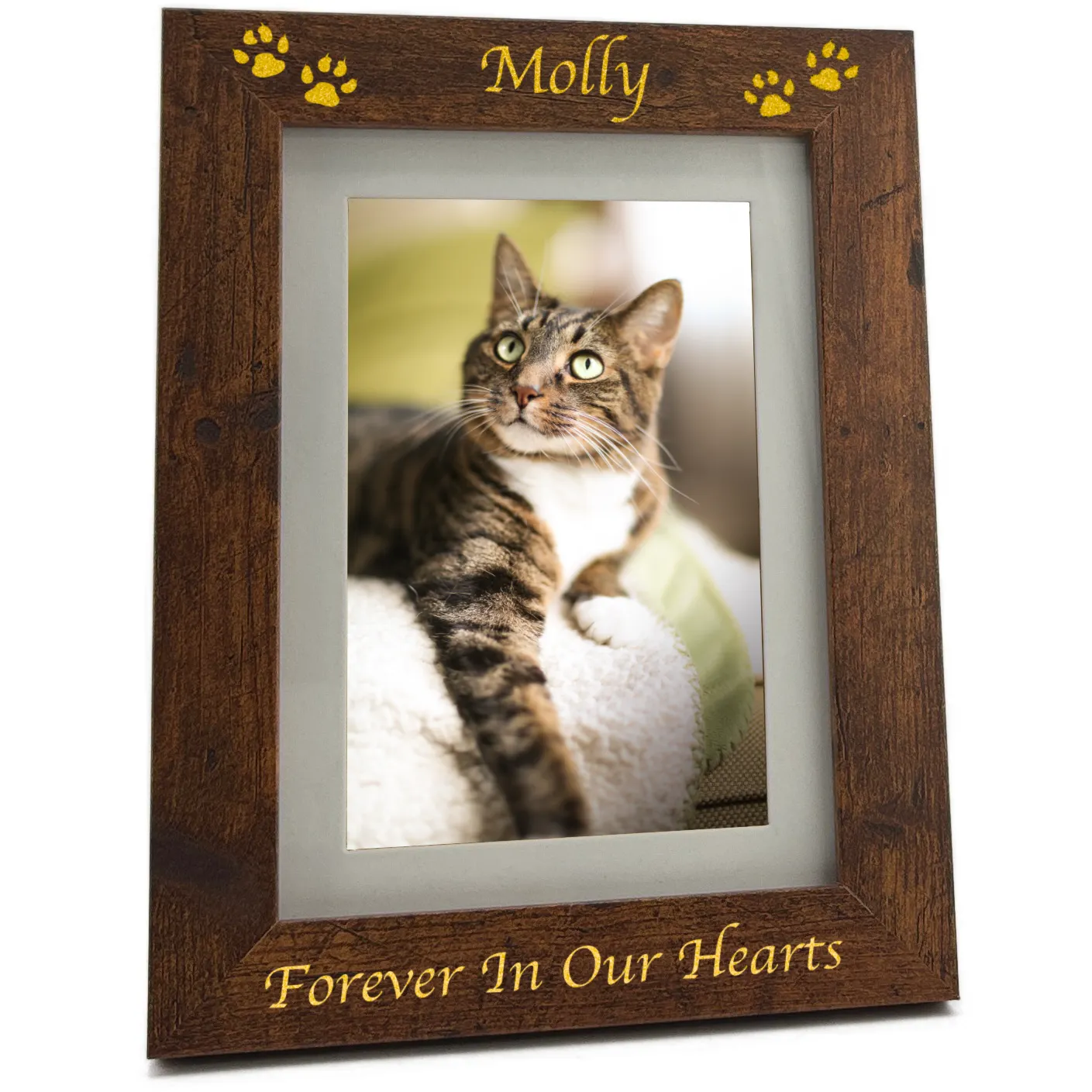Engraved pet memorial photo frame in rustic oak finish. Holds 4x6 or 5x7 photo, engraved, script 2 with gold fill, vertical orientation