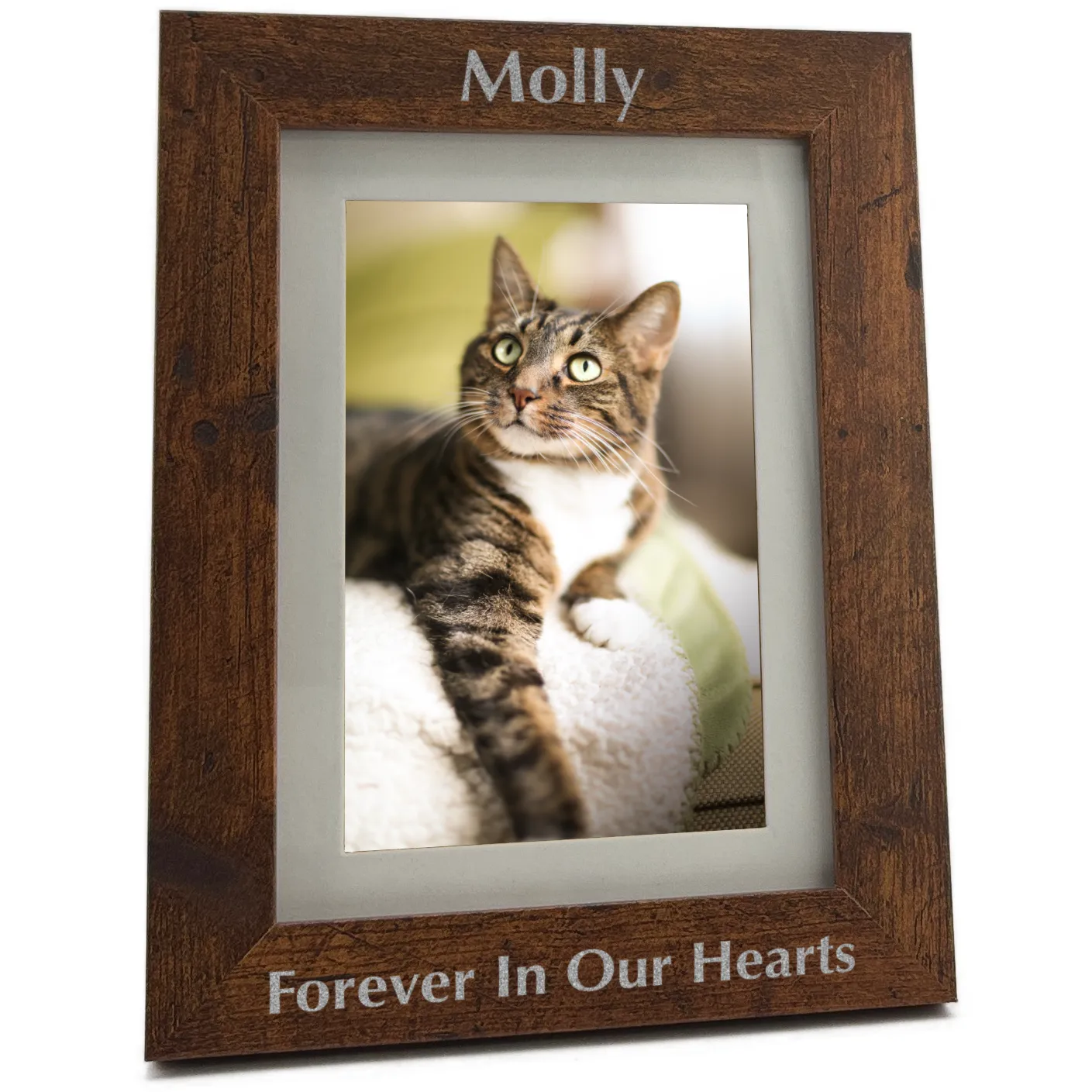 Engraved pet memorial photo frame in rustic oak finish. Holds 4x6 or 5x7 photo, engraved, block with silver fill, vertical orientation