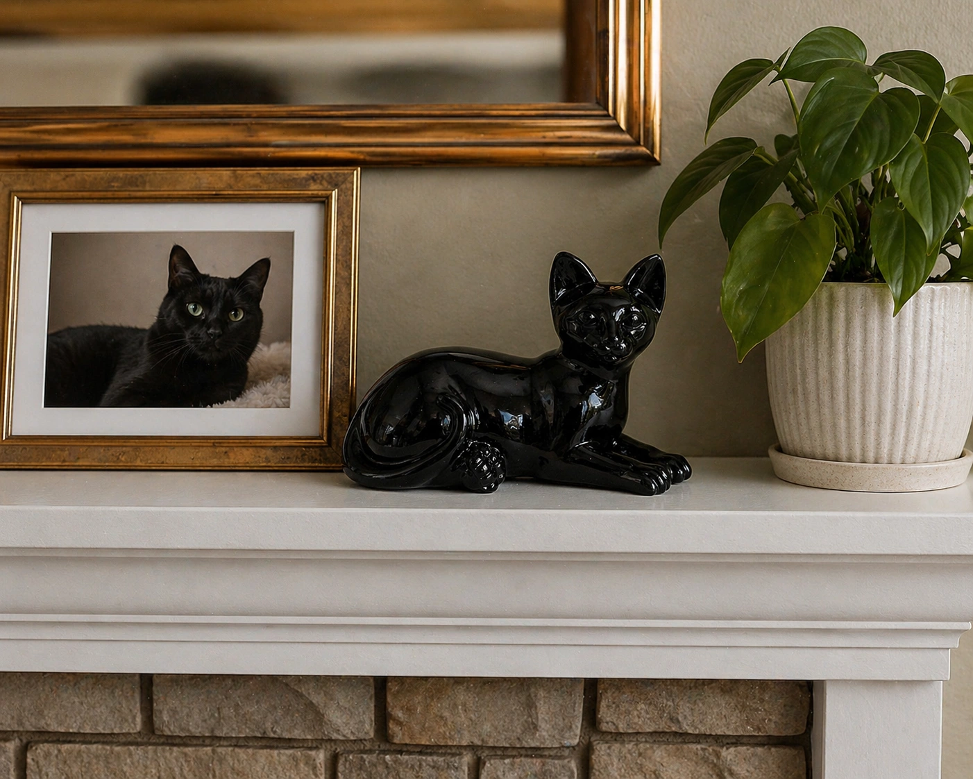 Faithful Feline cast resin and stone cat memorial cremation urn, black, laying, on mantle