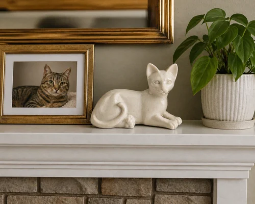 Faithful Feline cast resin and stone cat memorial cremation urn, natural, laying, on mantle