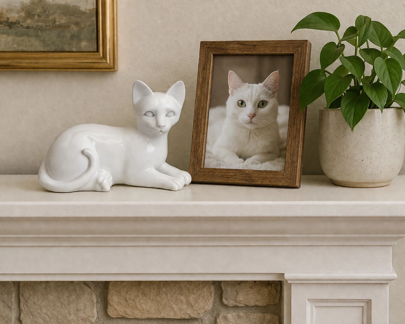 Faithful Feline cast resin and stone cat memorial cremation urn, white, laying, on mantle
