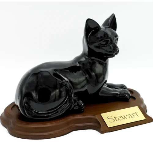Faithful Feline cast resin and stone cat memorial cremation urn, black, laying, with wood base and engraved metal plate