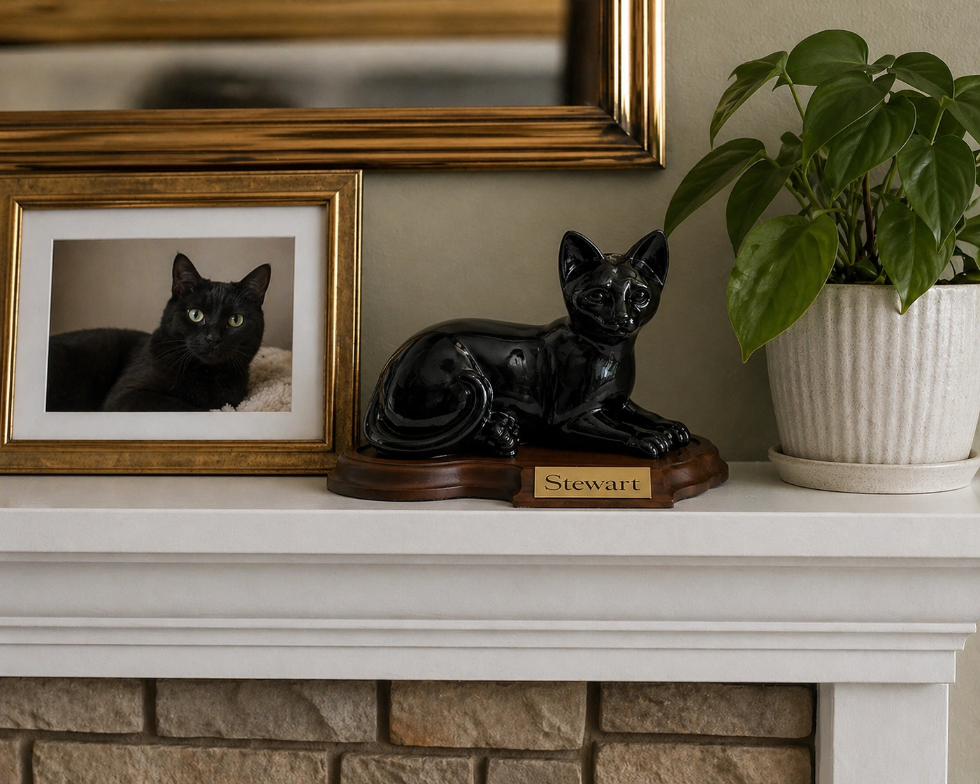 Faithful Feline cast resin and stone cat memorial cremation urn, black, laying, with wood base and engraved metal plate, on mantle
