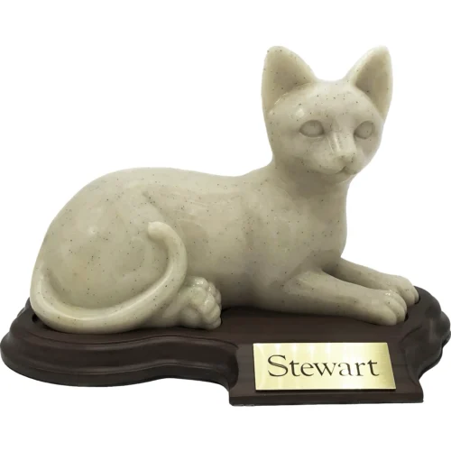 Faithful Feline cast resin and stone cat memorial cremation urn, natural, laying, with wood base and engraved metal plate