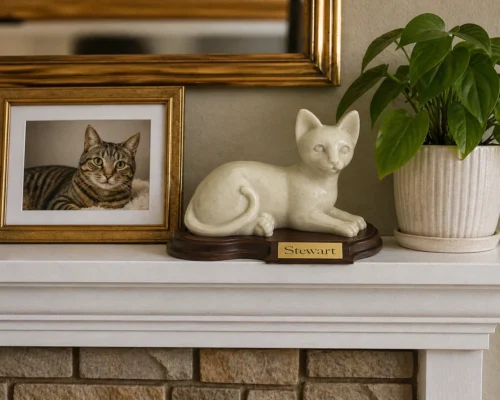 Faithful Feline cast resin and stone cat memorial cremation urn, natural, laying, with wood base and engraved metal plate, on mantle