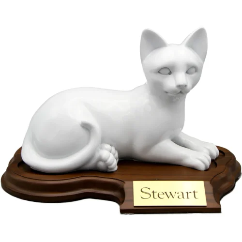 Faithful Feline cast resin and stone cat memorial cremation urn, white, laying, with wood base and engraved metal plate