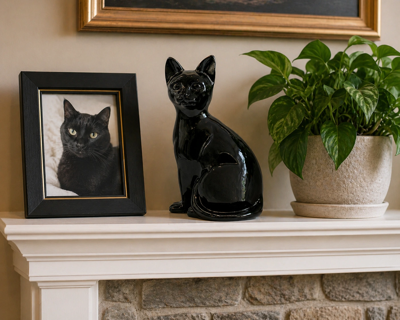 Faithful Feline cast resin and stone cat memorial cremation urn, black, sitting, on mantle