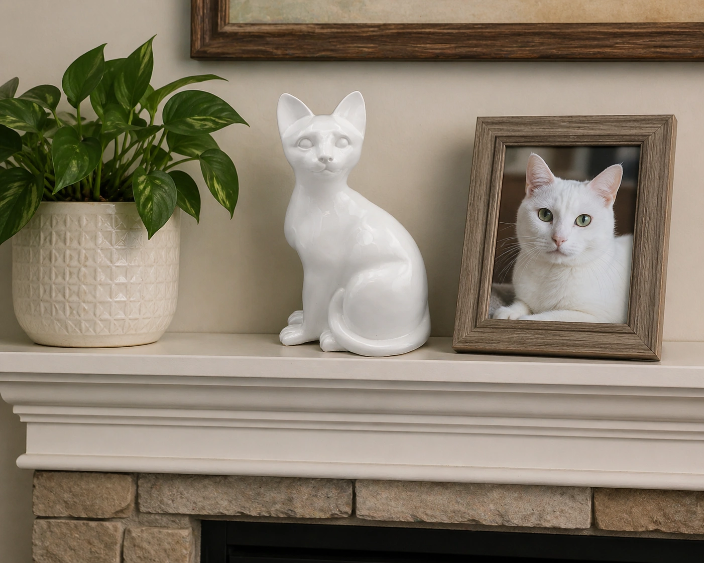 Faithful Feline cast resin and stone cat memorial cremation urn, white, sitting, on mantle