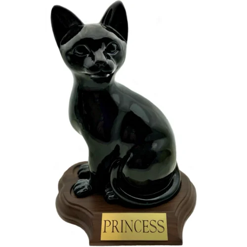 Faithful Feline cast resin and stone cat memorial cremation urn, black, sitting, with wood base and engraved metal plate