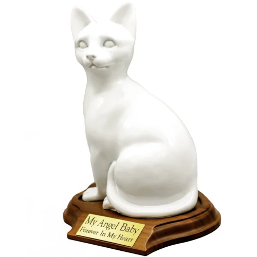 Faithful Feline cast resin and stone cat memorial cremation urn, white, sitting, with wood base and engraved metal plate