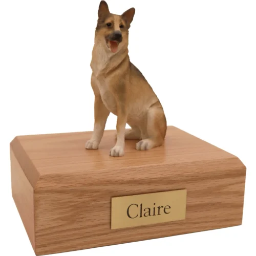 Memorial cremation urn with sitting German Shepherd dog figurine, oak finish