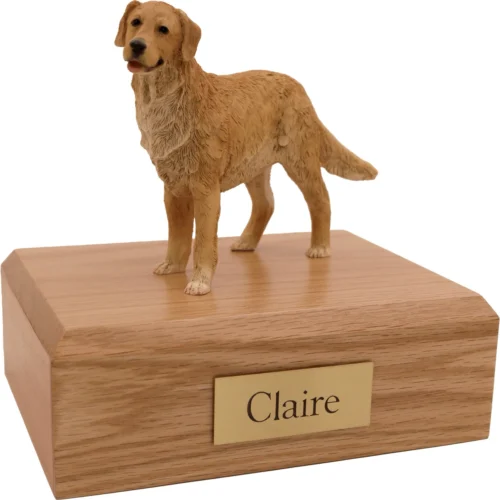 Memorial cremation urn with standing Golden Retriever dog figurine, oak finish