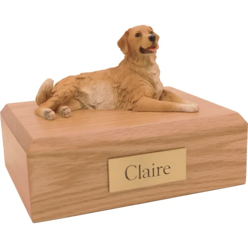 Memorial cremation urn with Laying Golden Retriever dog figurine, oak finish