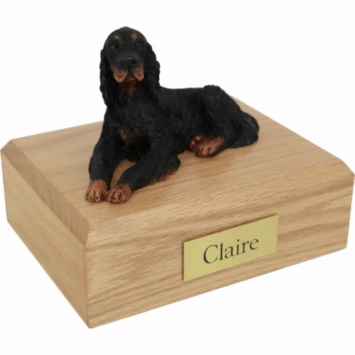 Memorial cremation urn with Laying Gordon Setter dog figurine, oak finish