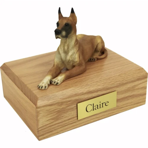 Memorial cremation urn with laying fawn Great Dane dog figurine, oak finish