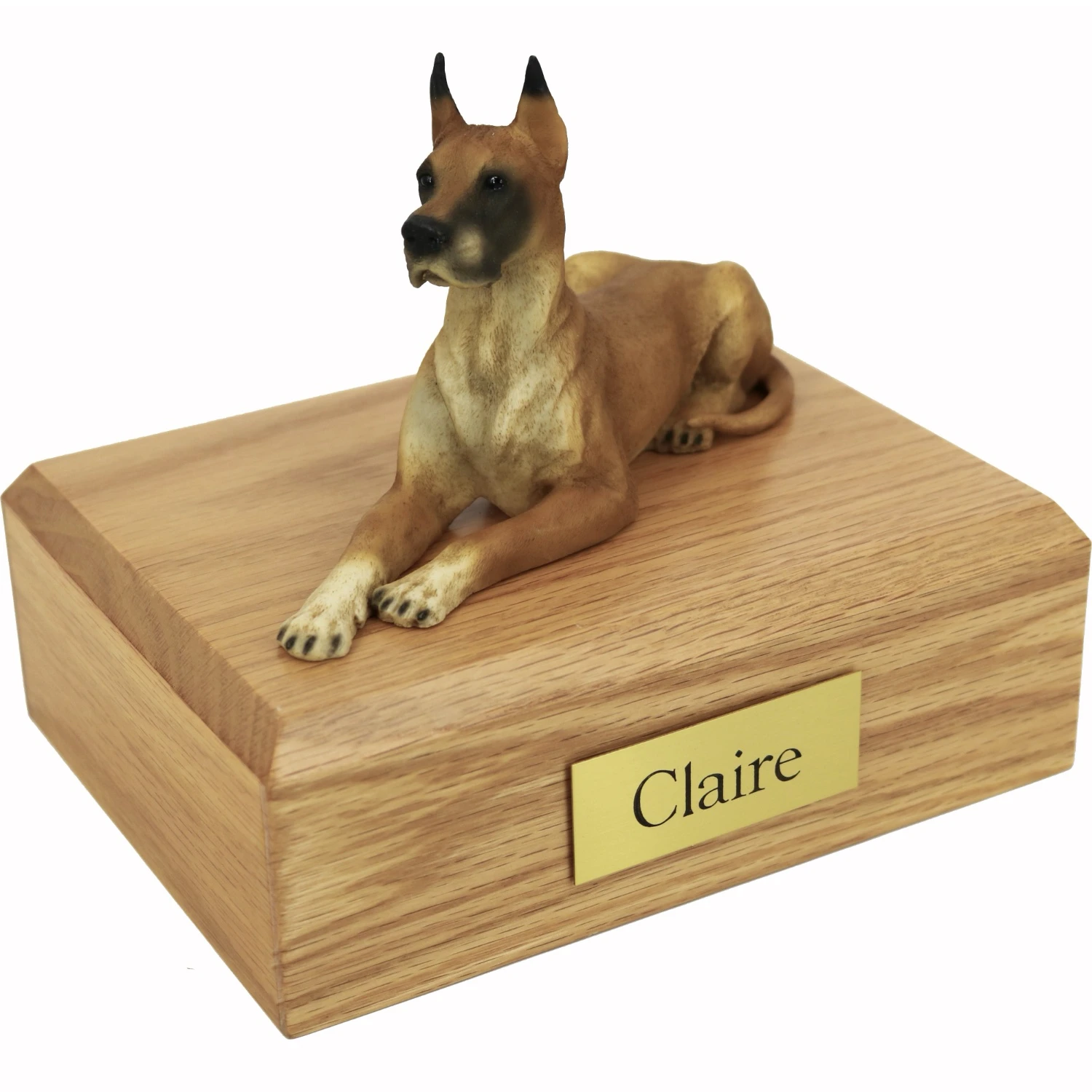 Memorial cremation urn with laying fawn Great Dane dog figurine, oak finish