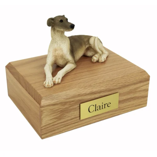 Memorial cremation urn with laying Greyhound dog figurine, oak finish