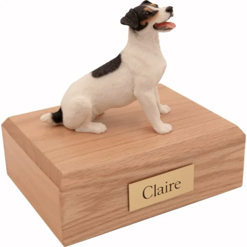 Memorial cremation urn with sitting black and white Jack Russell Terrier dog figurine, oak finish