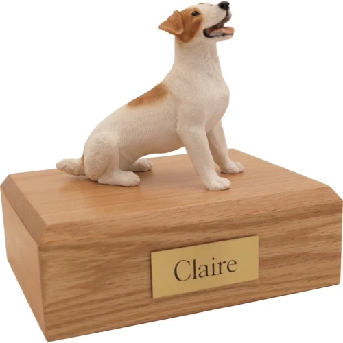 Memorial cremation urn with sitting brown and white Jack Russell Terrier dog figurine, oak finish