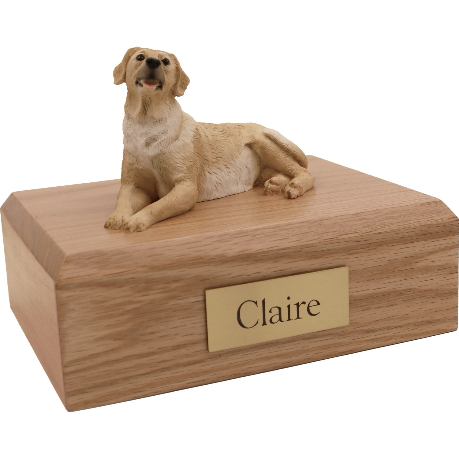 Memorial cremation urn with laying golden Labrador Retriever dog figurine, oak finish