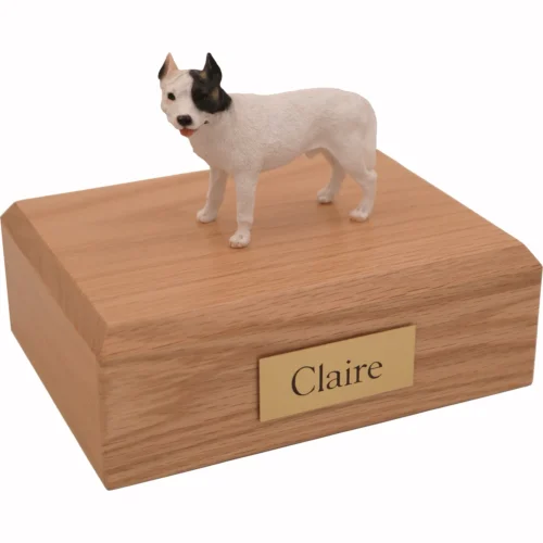 Memorial cremation urn with standing white Pit Bull Terrier dog figurine, oak finish