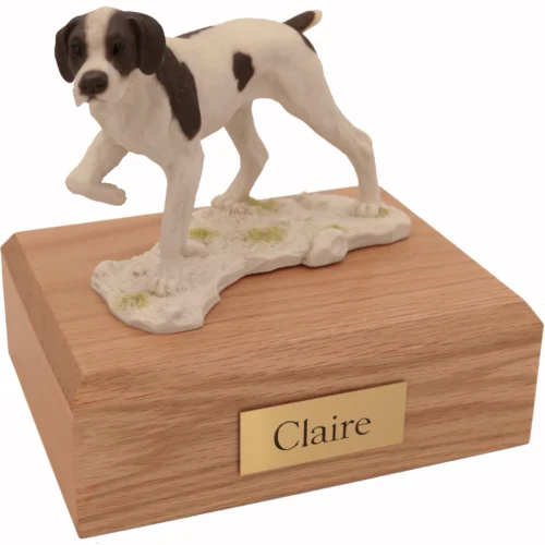Memorial cremation urn with standing Pointer dog figurine, oak finish
