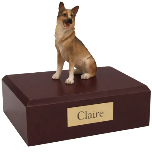 Memorial cremation urn with sitting German Shepherd dog figurine, walnut finish
