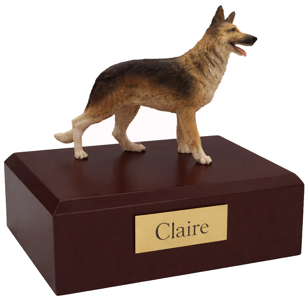 Memorial cremation urn with standing German Shepherd dog figurine, walnut finish