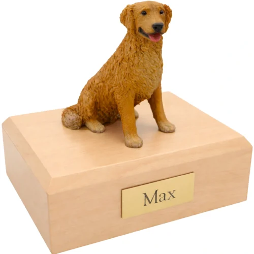 Memorial cremation urn with sitting Golden Retriever dog figurine, maple finish