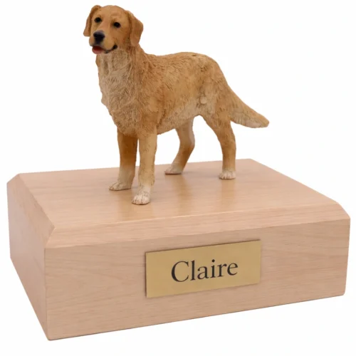 Memorial cremation urn with standing Golden Retriever dog figurine, maple finish