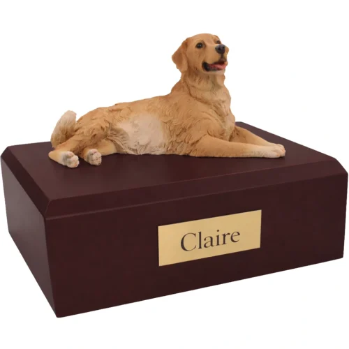 Memorial cremation urn with laying Golden Retriever dog figurine, walnut finish