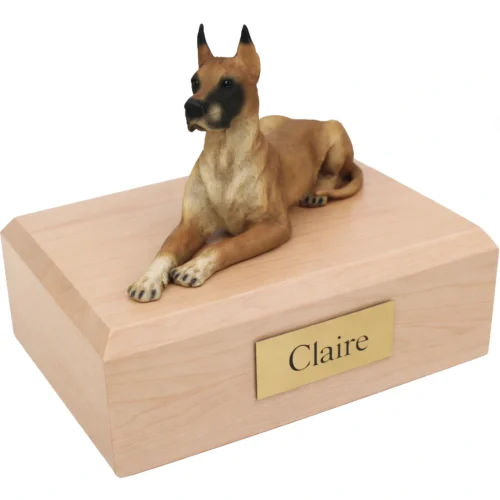 Memorial cremation urn with laying ears up fawn Great Dane dog figurine, maple finish