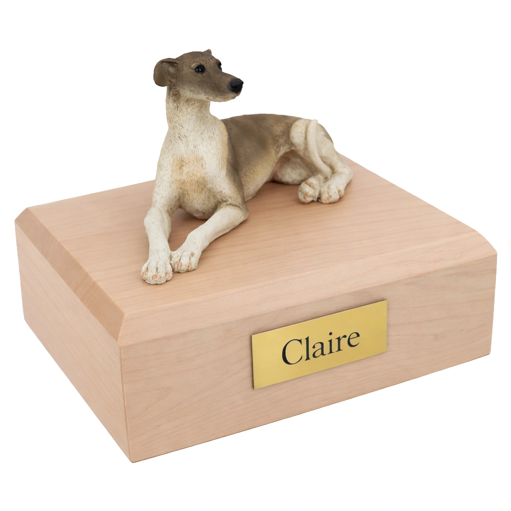 Memorial cremation urn with laying Greyhound dog figurine, maple finish