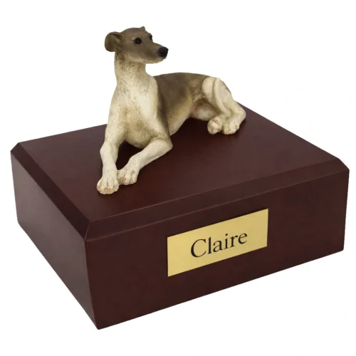 Memorial cremation urn with laying Greyhound dog figurine, walnut finish