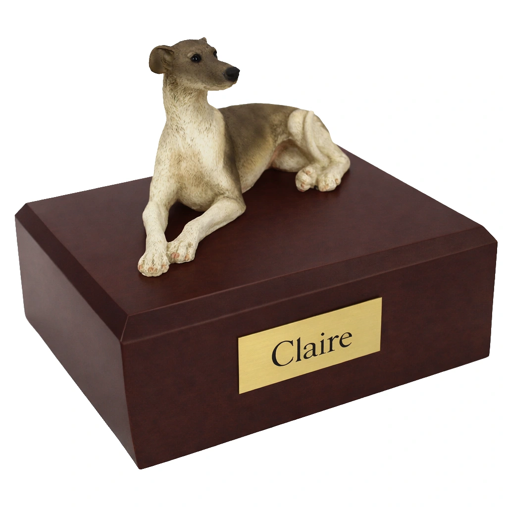 Memorial cremation urn with laying Greyhound dog figurine, walnut finish