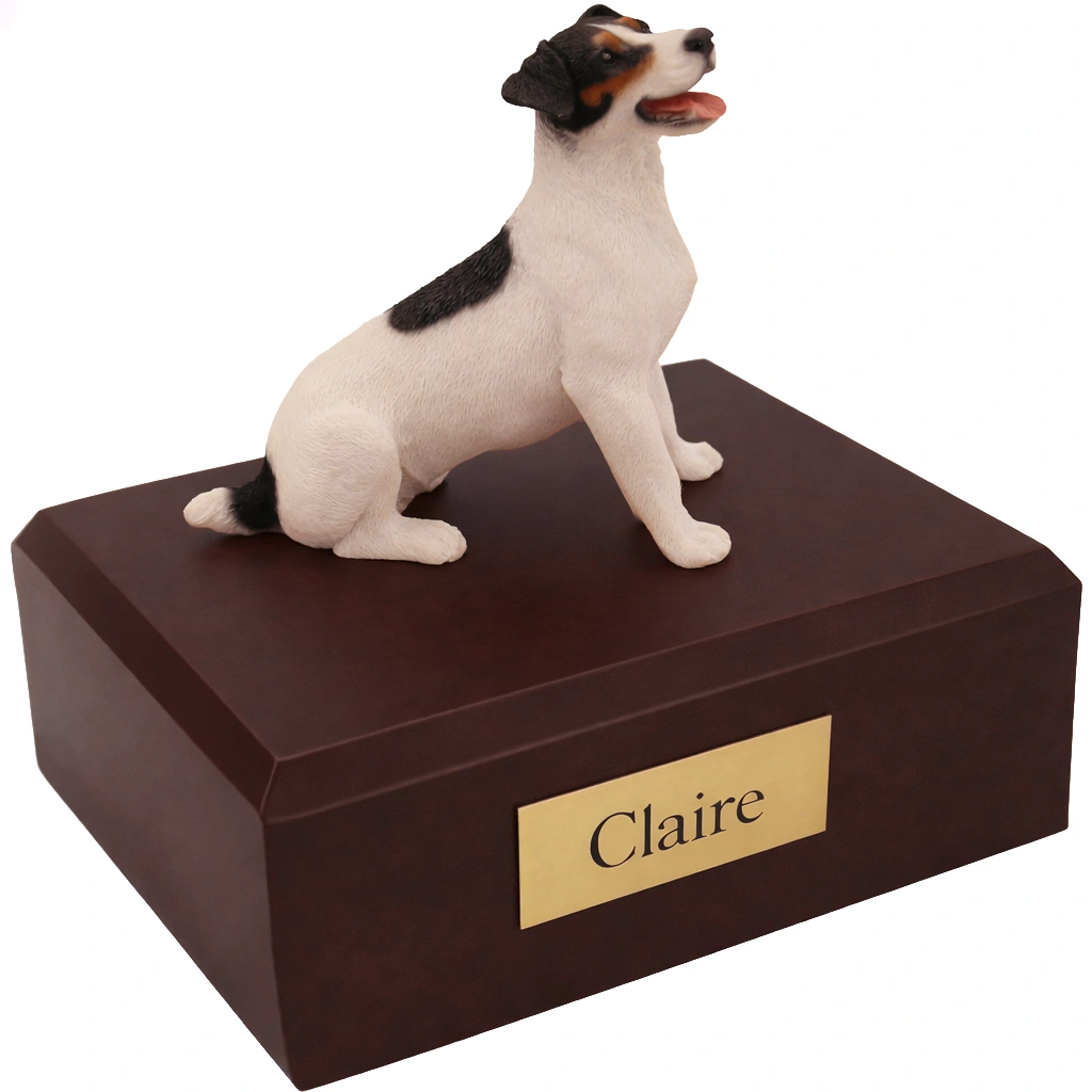 Memorial cremation urn with sitting black and white Jack Russell Terrier dog figurine, walnut finish