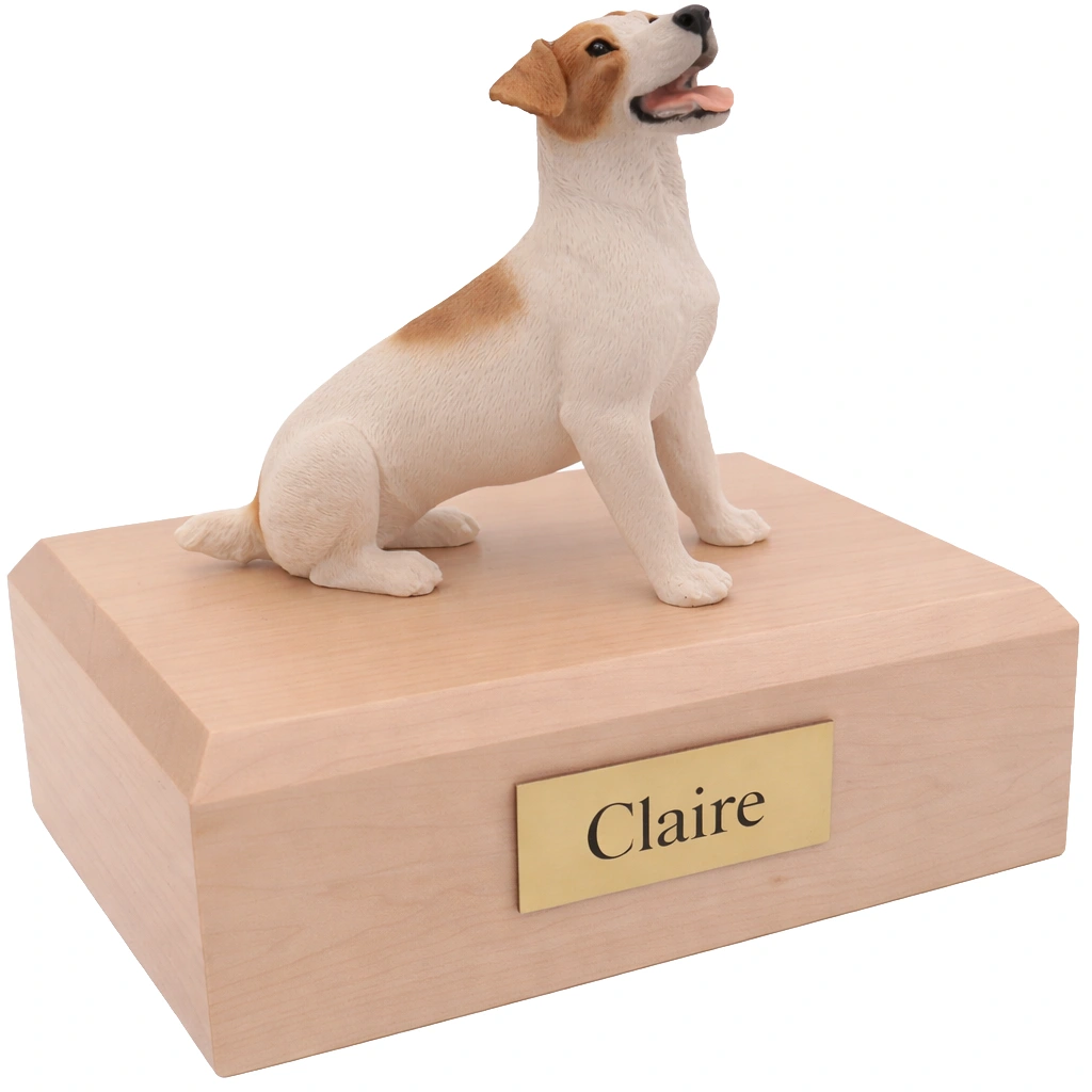 Memorial cremation urn with sitting brown and white Jack Russell Terrier dog figurine, maple finish