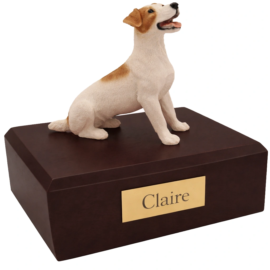 Memorial cremation urn with sitting brown and white Jack Russell Terrier dog figurine, walnut finish